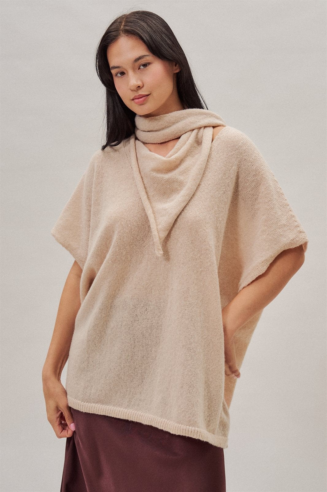 Oversized Knit Poncho Top with Attached Scarf in Ivory - Women's Wholesale Sweaters | Trend Notes