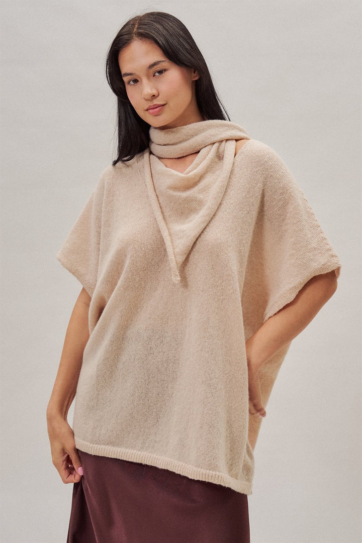 Oversized Knit Poncho Top with Attached Scarf in Ivory - Women's Wholesale Sweaters | Trend Notes