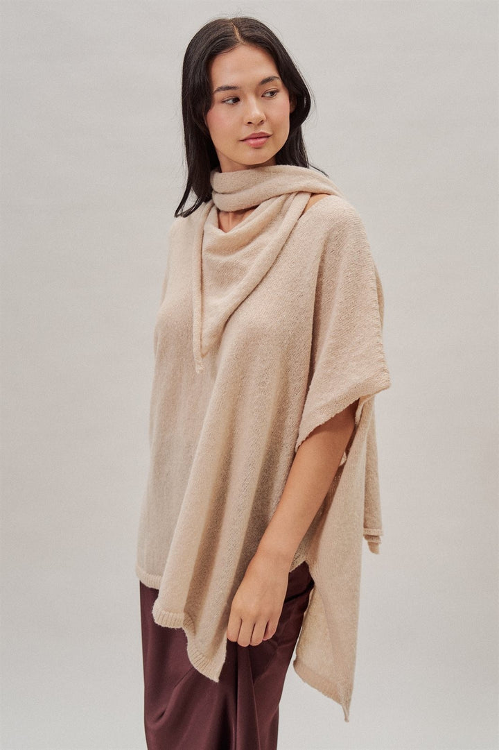 Oversized Knit Poncho Top with Attached Scarf in Ivory - Women's Wholesale Sweaters | Trend Notes