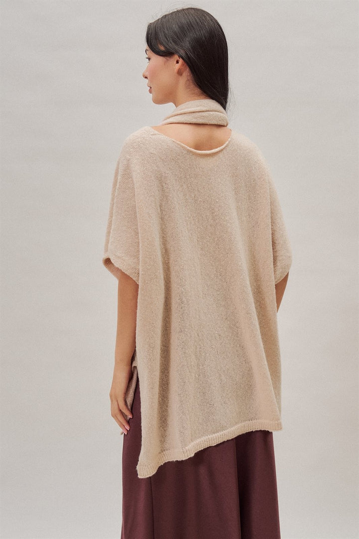 Oversized Knit Poncho Top with Attached Scarf in Ivory - Women's Wholesale Sweaters | Trend Notes