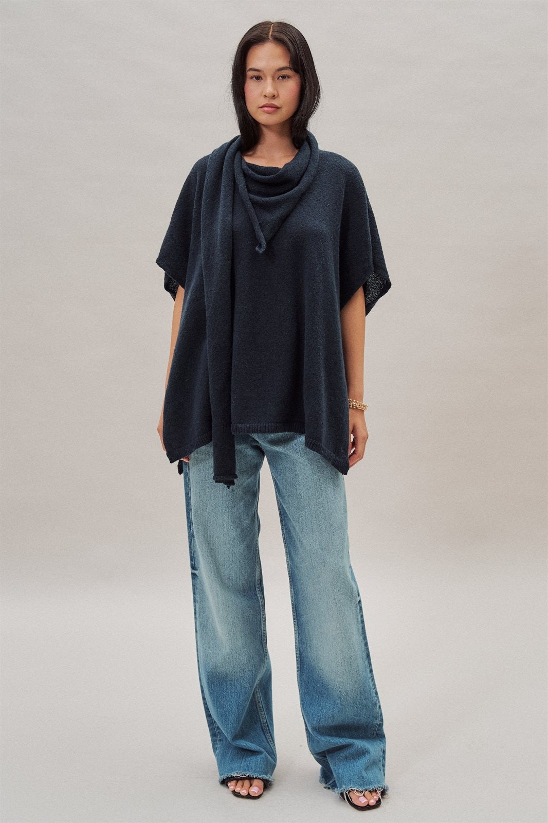 Oversized Knit Poncho Top with Attached Scarf in Navy - Women's Wholesale Sweaters | Trend Notes