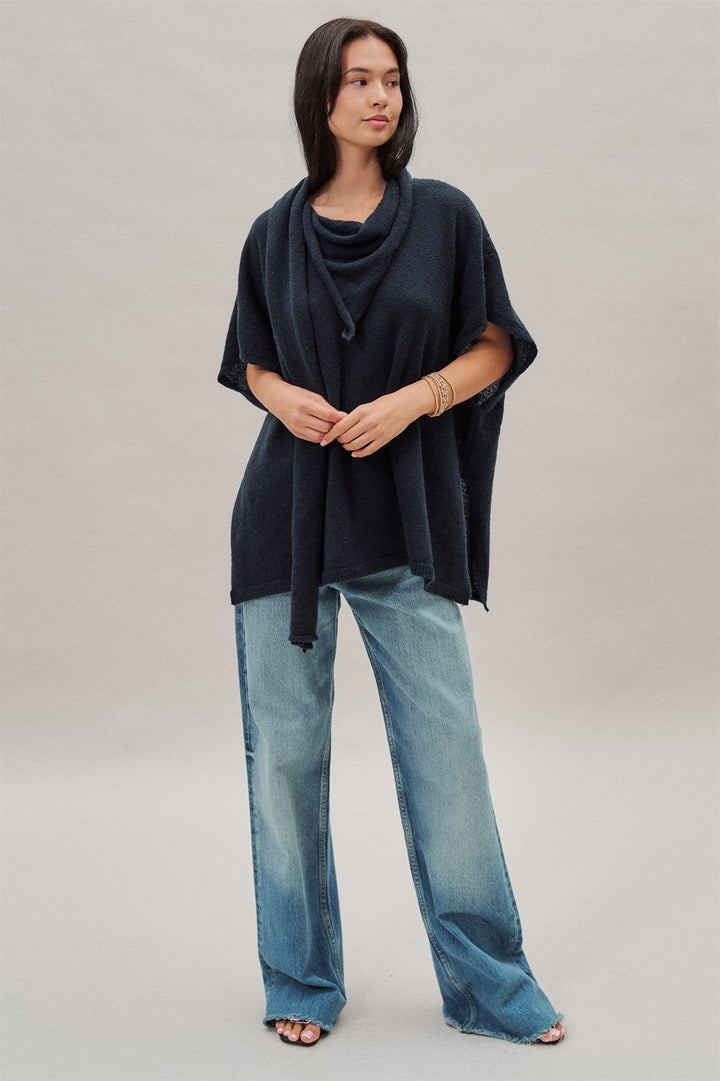 Oversized Knit Poncho Top with Attached Scarf in Navy - Women's Wholesale Sweaters | Trend Notes