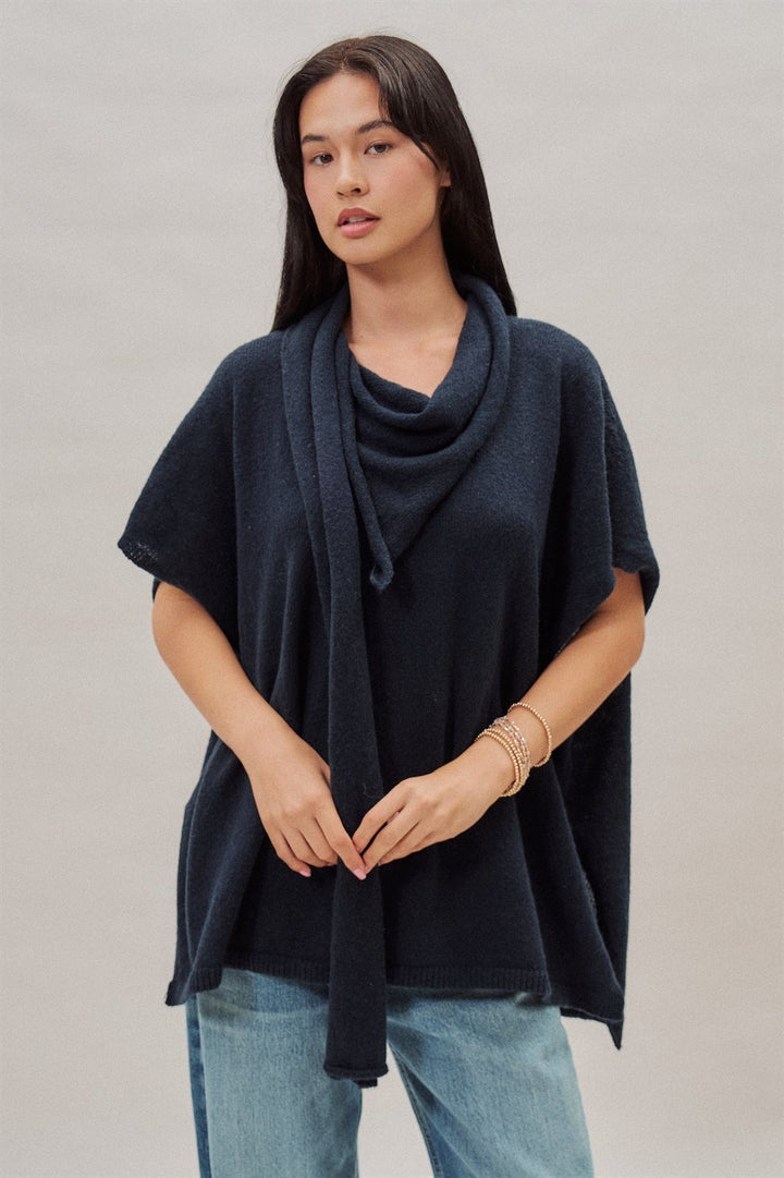 Oversized Knit Poncho Top with Attached Scarf in Navy - Women's Wholesale Sweaters | Trend Notes
