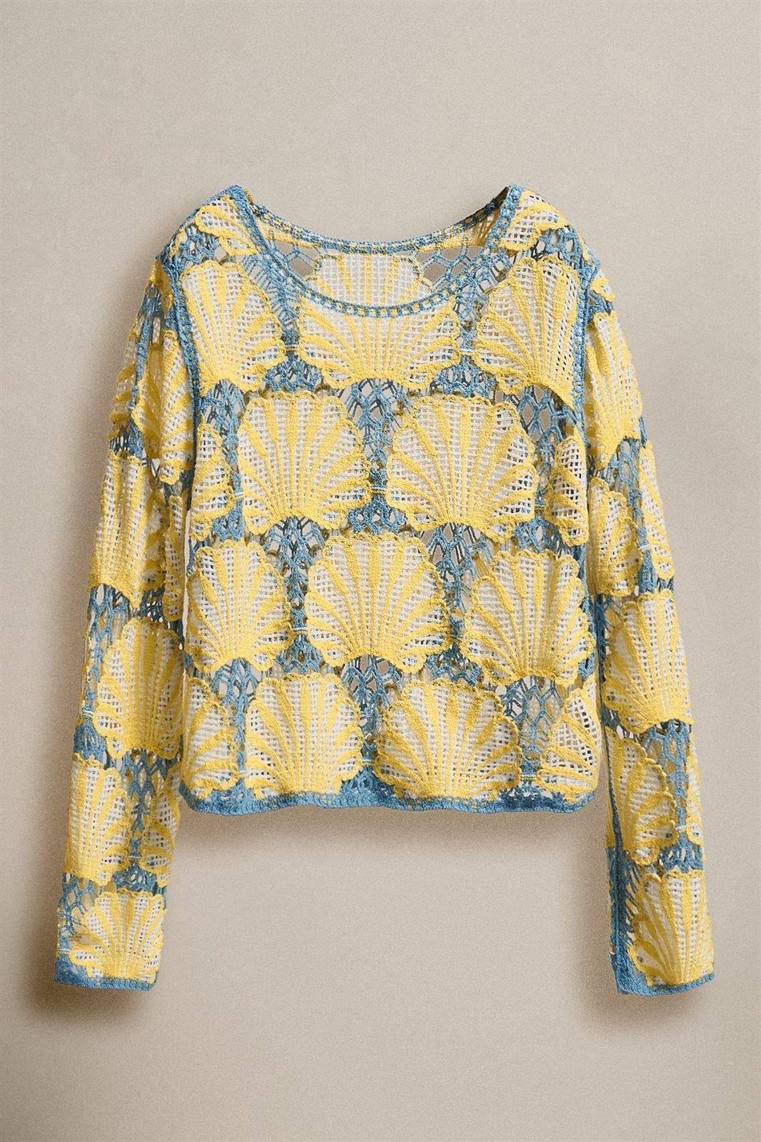 Crochet Lace Seashell Top Mermaidcore Italian Boho for Women in Yellow Blue - Women's Wholesale Sweaters | Trend Notes