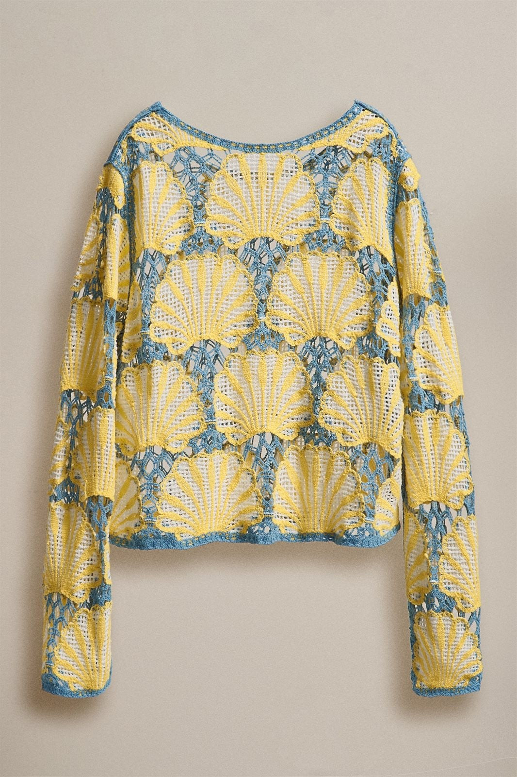 Crochet Lace Seashell Top Mermaidcore Italian Boho for Women in Yellow Blue - Women's Wholesale Sweaters | Trend Notes