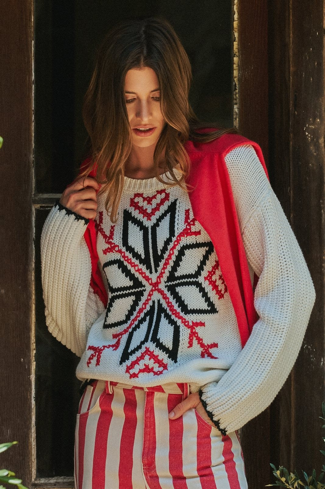 Nordic Snowflake Fair Isle Sweater with Embroidered Detail in Ivory - Women's Wholesale Sweaters | Trend Notes