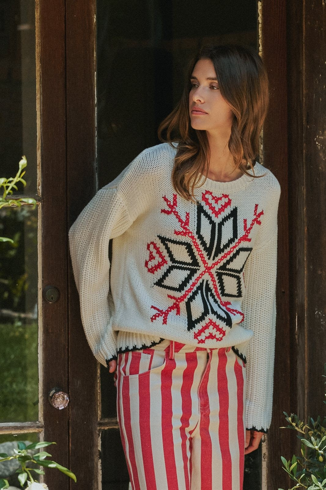 Nordic Snowflake Fair Isle Sweater with Embroidered Detail in Ivory - Women's Wholesale Sweaters | Trend Notes