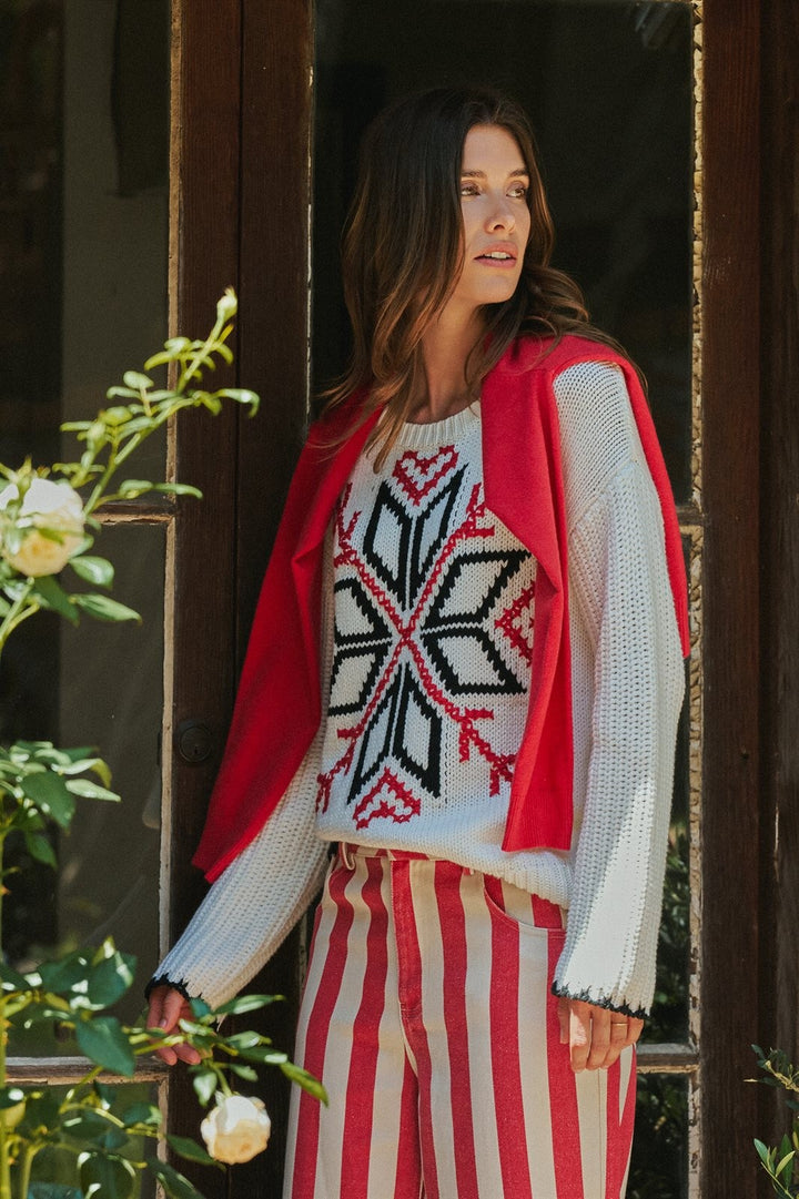 Nordic Snowflake Fair Isle Sweater with Embroidered Detail in Ivory - Women's Wholesale Sweaters | Trend Notes