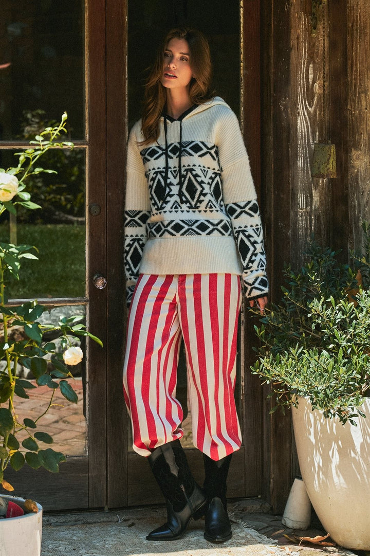 Nordic Fair Isle Hooded Sweater Wool Blend in Ivory Black - Women's Wholesale Sweaters | Trend Notes