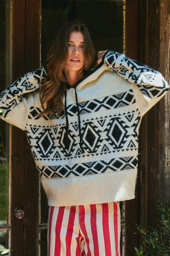 Nordic Fair Isle Hooded Sweater Wool Blend in Ivory Black - Women's Wholesale Sweaters | Trend Notes