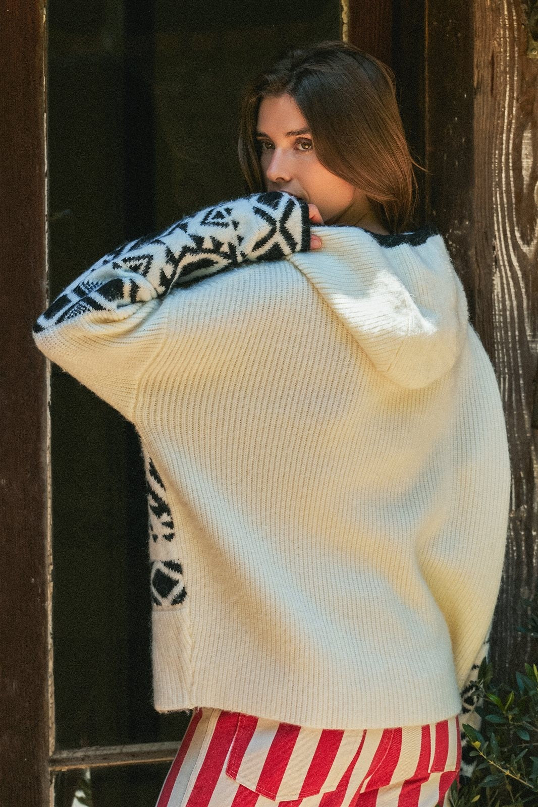 Nordic Fair Isle Hooded Sweater Wool Blend in Ivory Black - Women's Wholesale Sweaters | Trend Notes