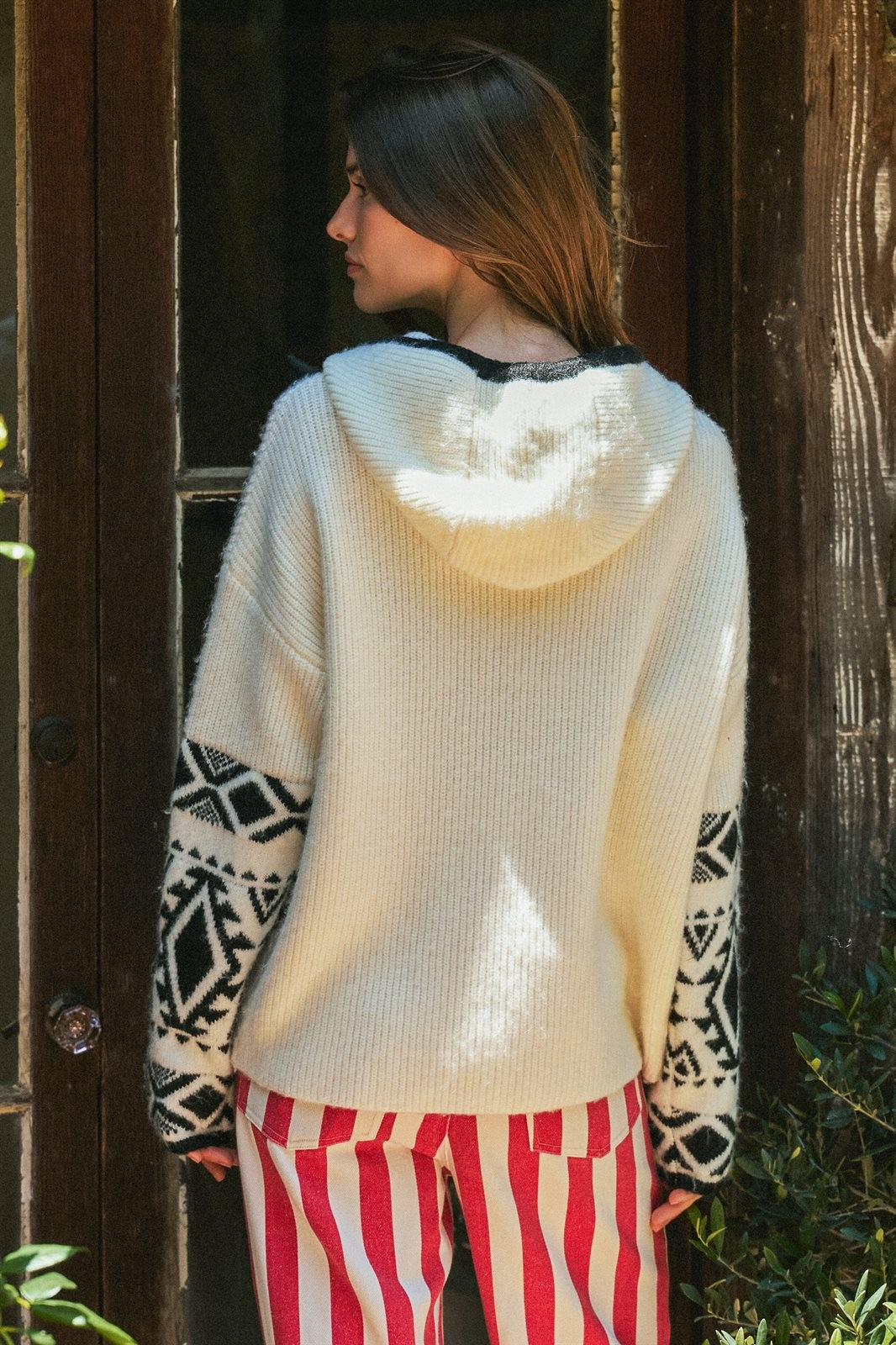 Nordic Fair Isle Hooded Sweater Wool Blend in Ivory Black - Women's Wholesale Sweaters | Trend Notes