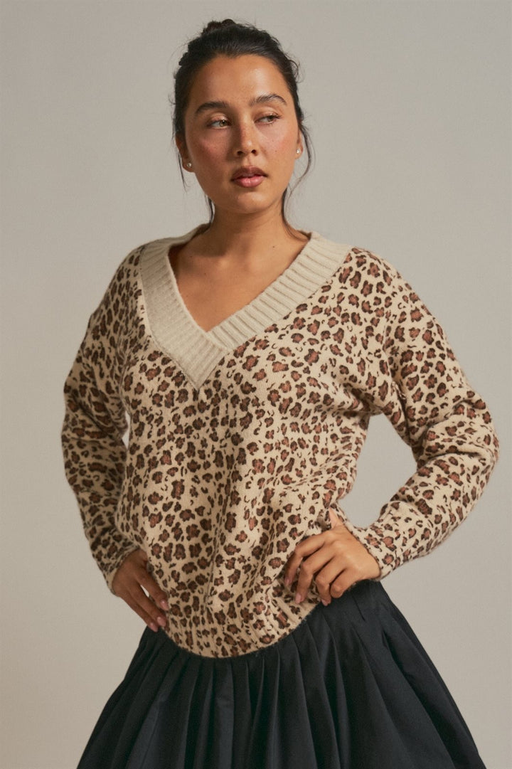 Leopard Print V-Neck Knit Sweater in Leopard - Women's Wholesale Sweaters | Trend Notes