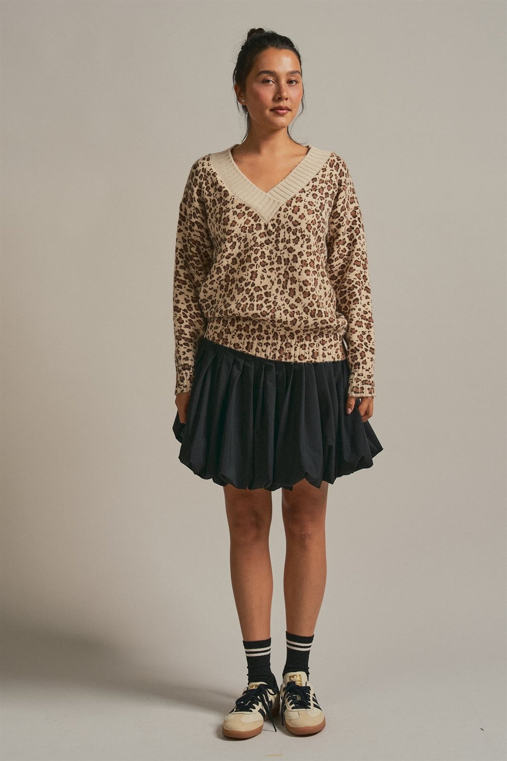 Leopard Print V-Neck Knit Sweater in Leopard - Women's Wholesale Sweaters | Trend Notes