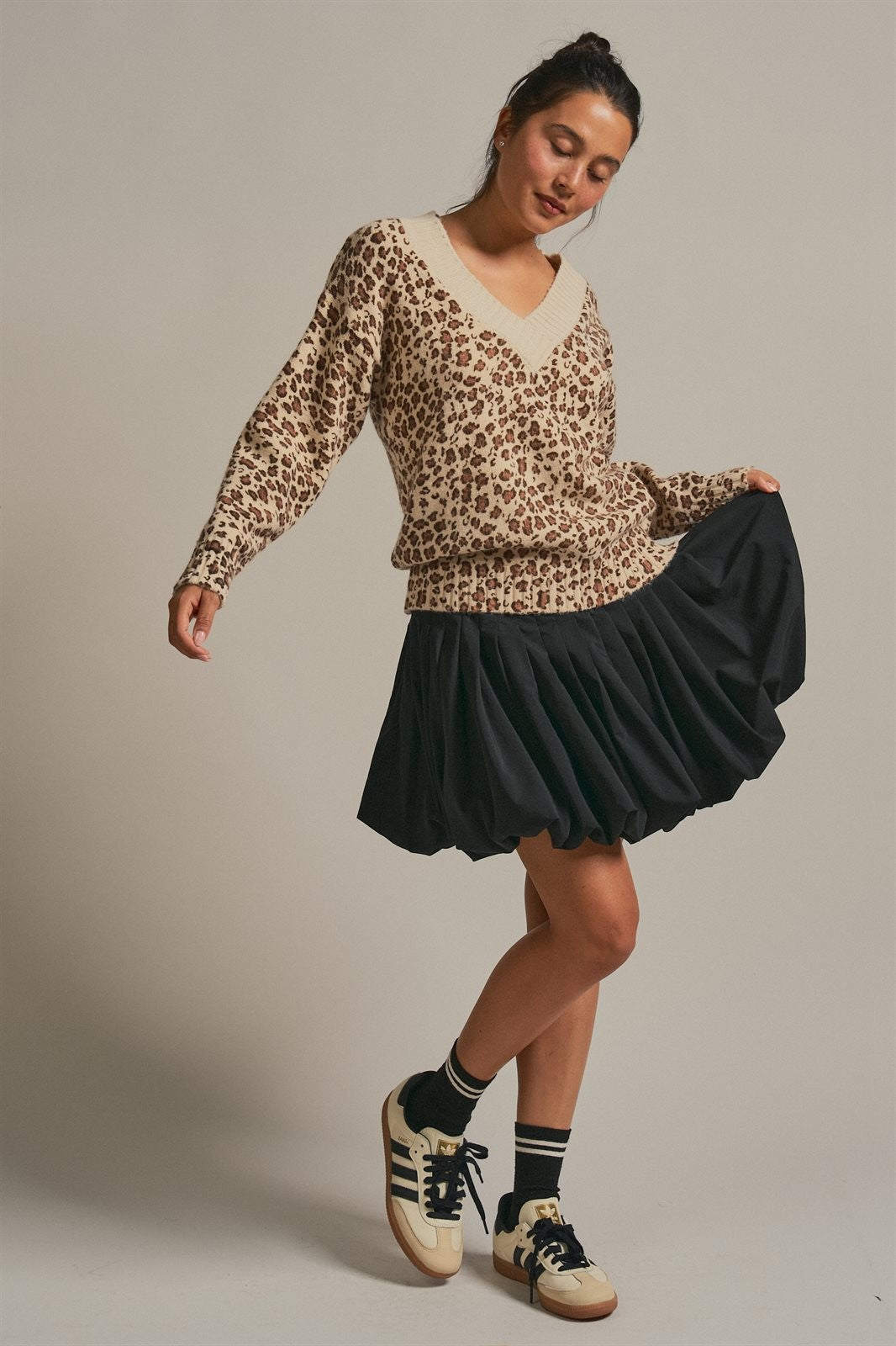 Leopard Print V-Neck Knit Sweater in Leopard - Women's Wholesale Sweaters | Trend Notes