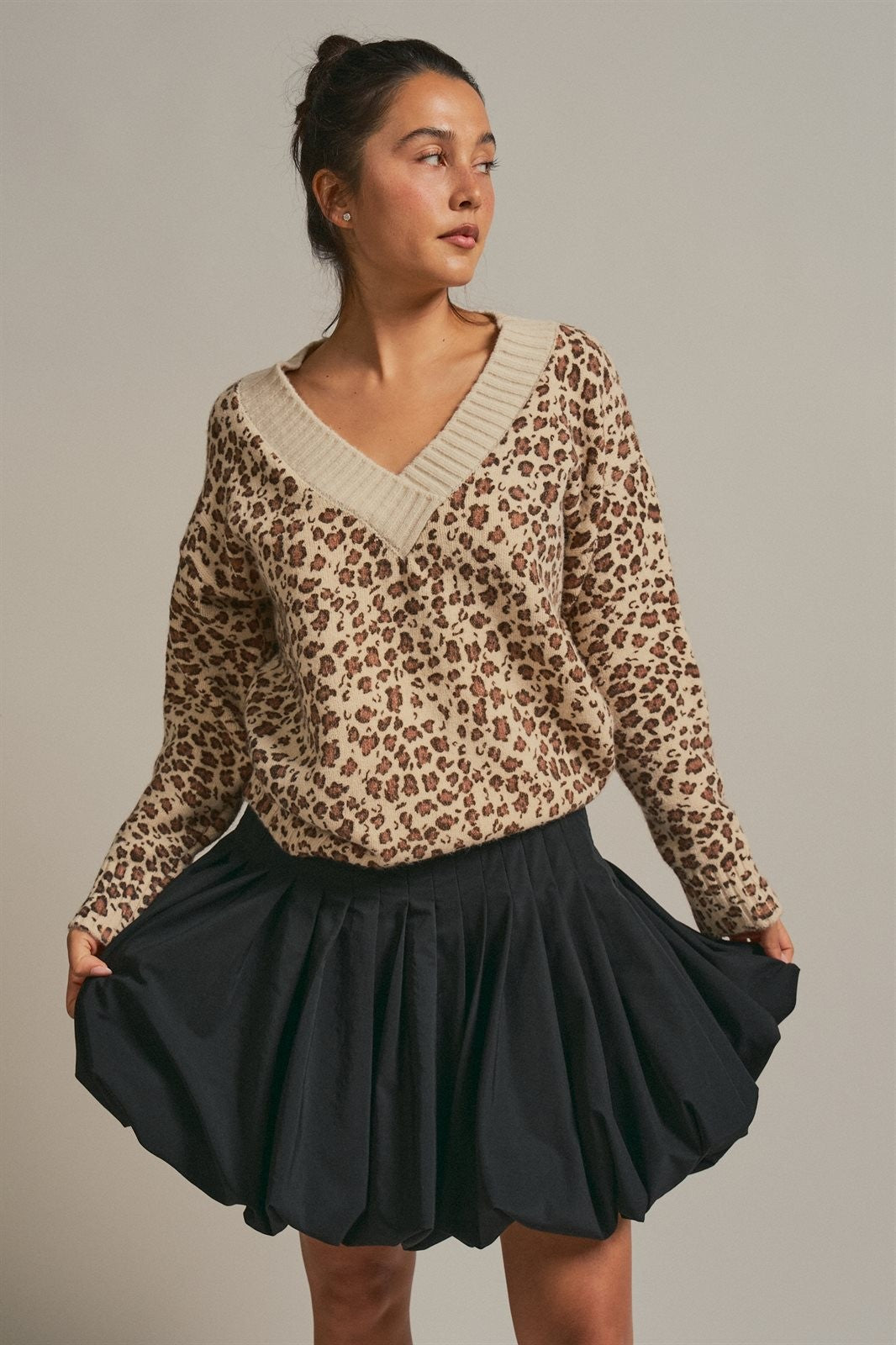 Leopard Print V-Neck Knit Sweater in Leopard - Women's Wholesale Sweaters | Trend Notes