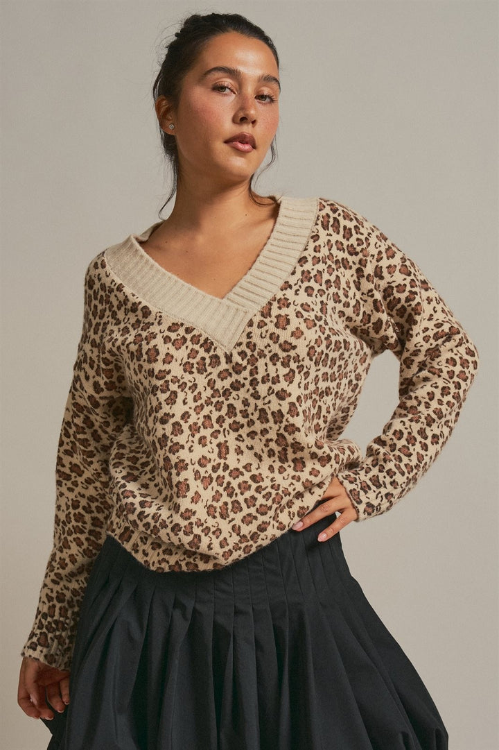 Leopard Print V-Neck Knit Sweater in Leopard - Women's Wholesale Sweaters | Trend Notes