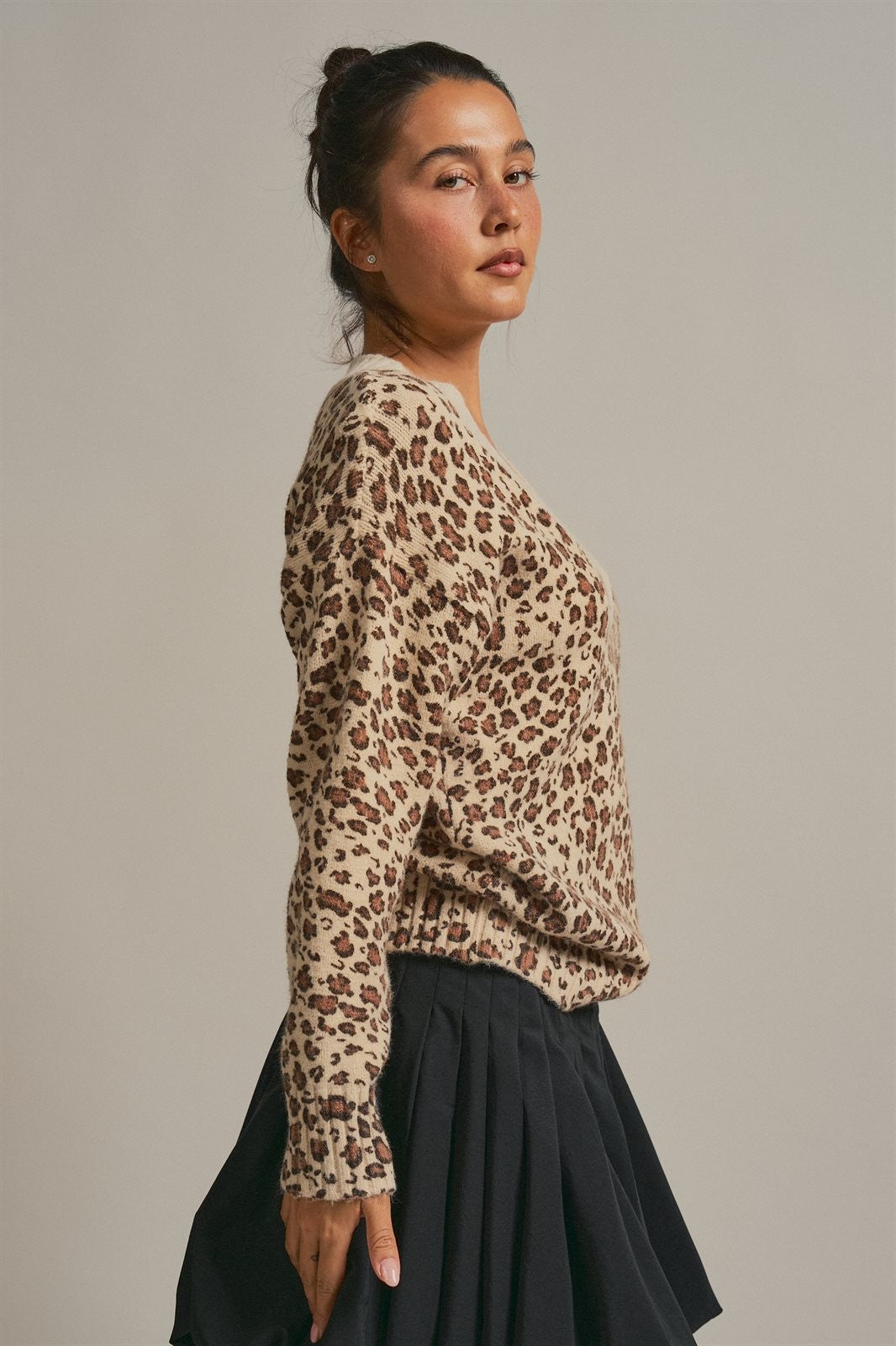 Leopard Print V-Neck Knit Sweater in Leopard - Women's Wholesale Sweaters | Trend Notes