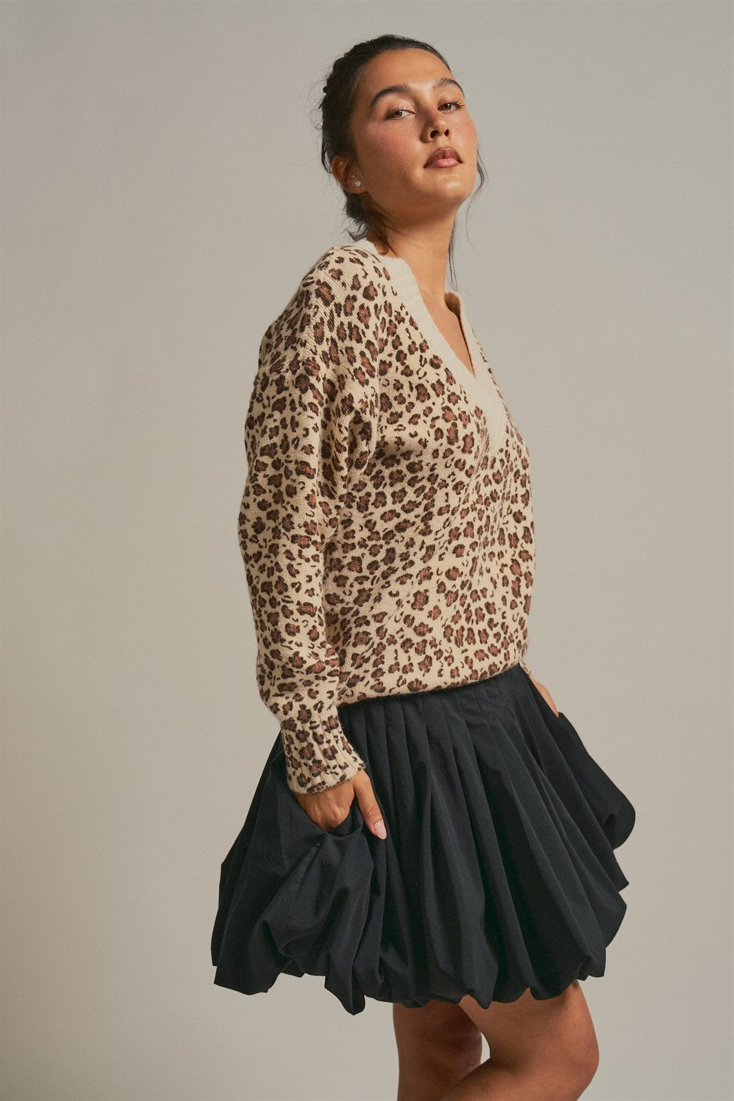 Leopard Print V-Neck Knit Sweater in Leopard - Women's Wholesale Sweaters | Trend Notes