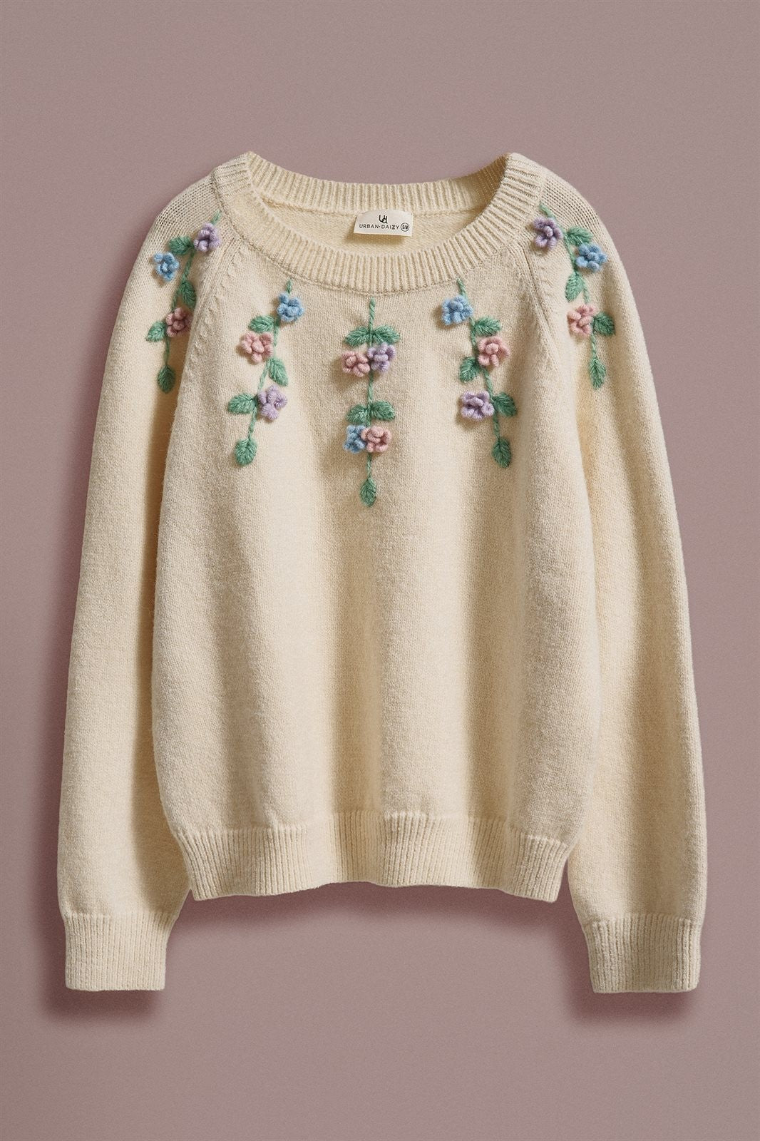  3D Floral Hand Embroidered Knit Sweater in Cottagecore Coqu in Cream - Women's Wholesale Sweaters | Trend Notes