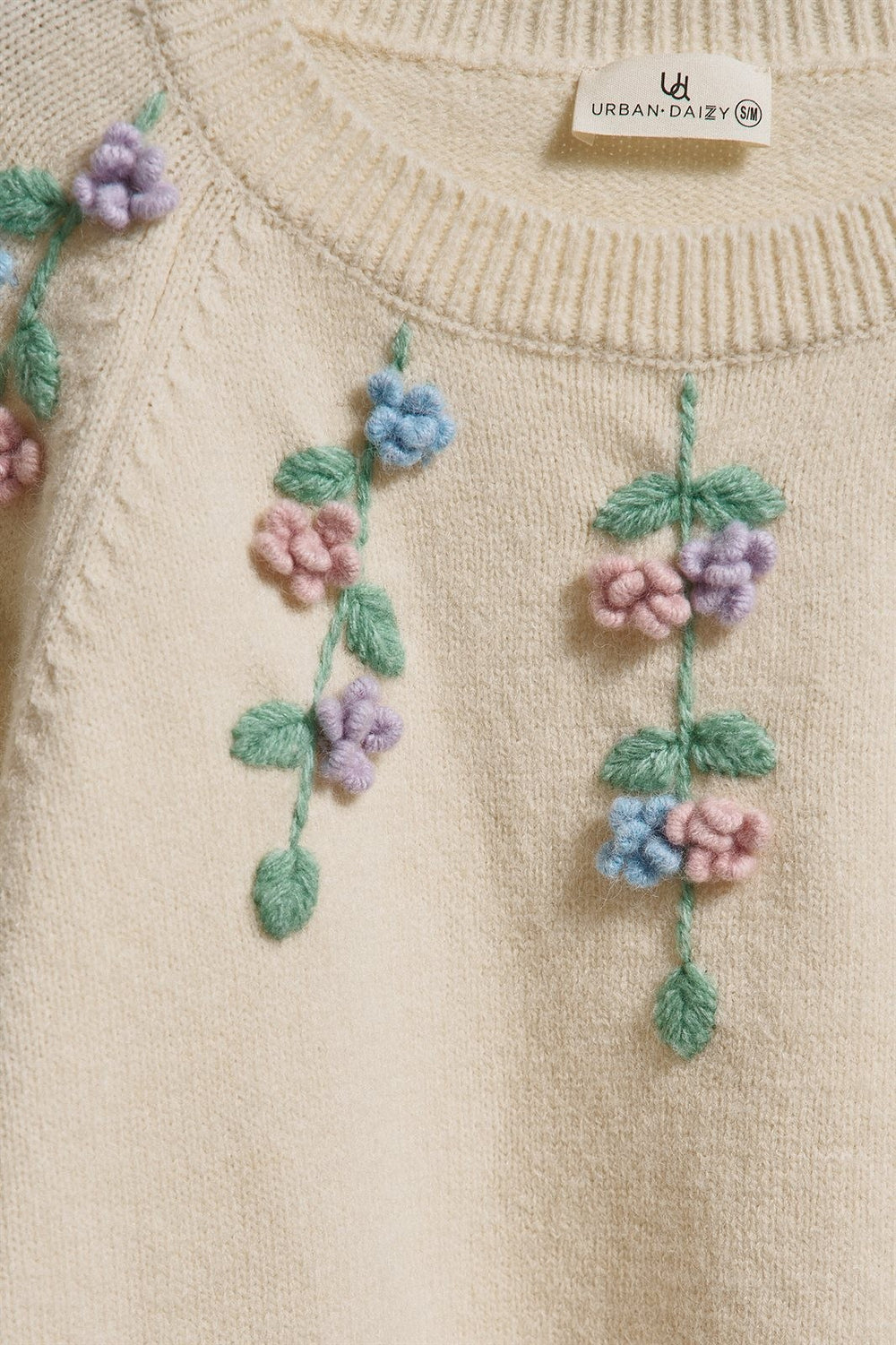  3D Floral Hand Embroidered Knit Sweater in Cottagecore Coqu in Cream - Women's Wholesale Sweaters | Trend Notes