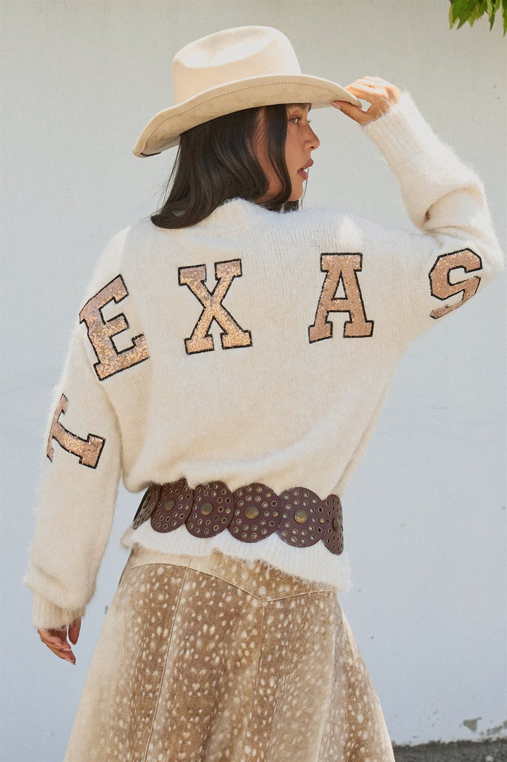 Texas Sequin Letter Fuzzy Wool Blend Pullover Sweater in Ivory - Women's Wholesale Sweaters | Trend Notes