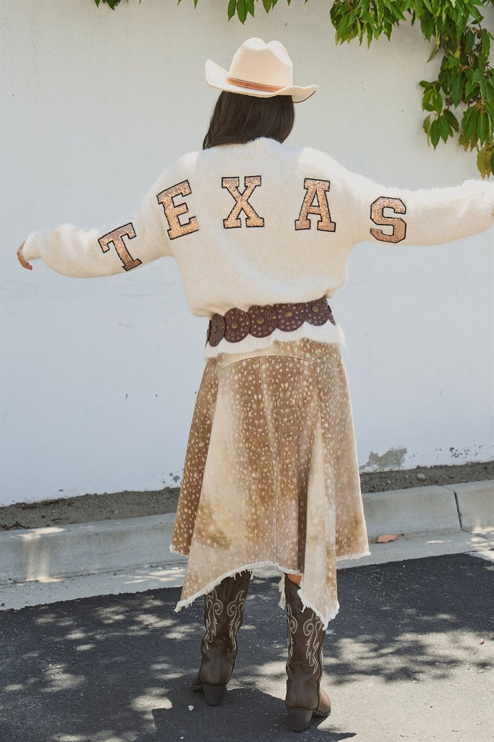 Texas Sequin Letter Fuzzy Wool Blend Pullover Sweater in Ivory - Women's Wholesale Sweaters | Trend Notes