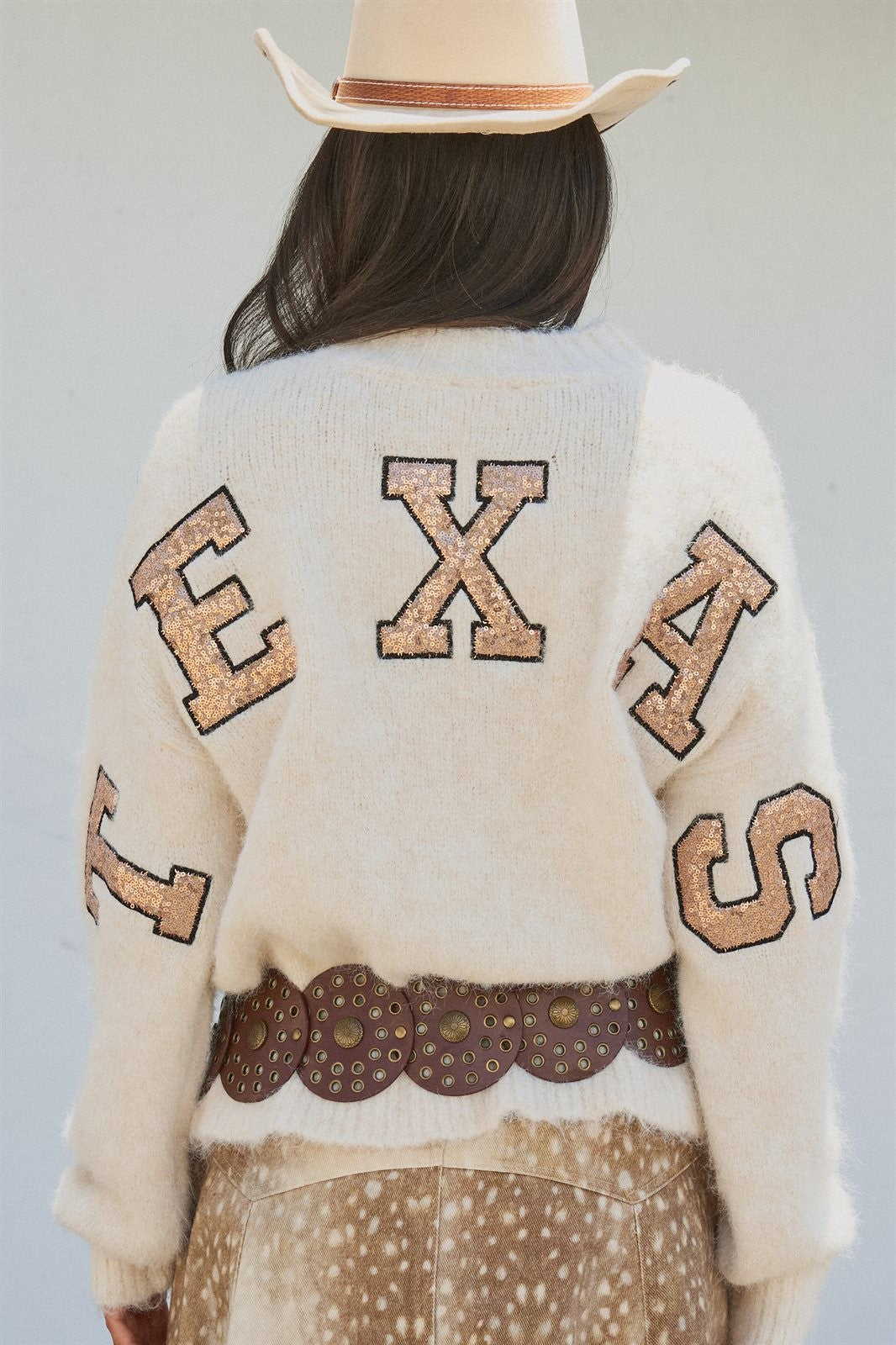 Texas Sequin Letter Fuzzy Wool Blend Pullover Sweater in Ivory - Women's Wholesale Sweaters | Trend Notes
