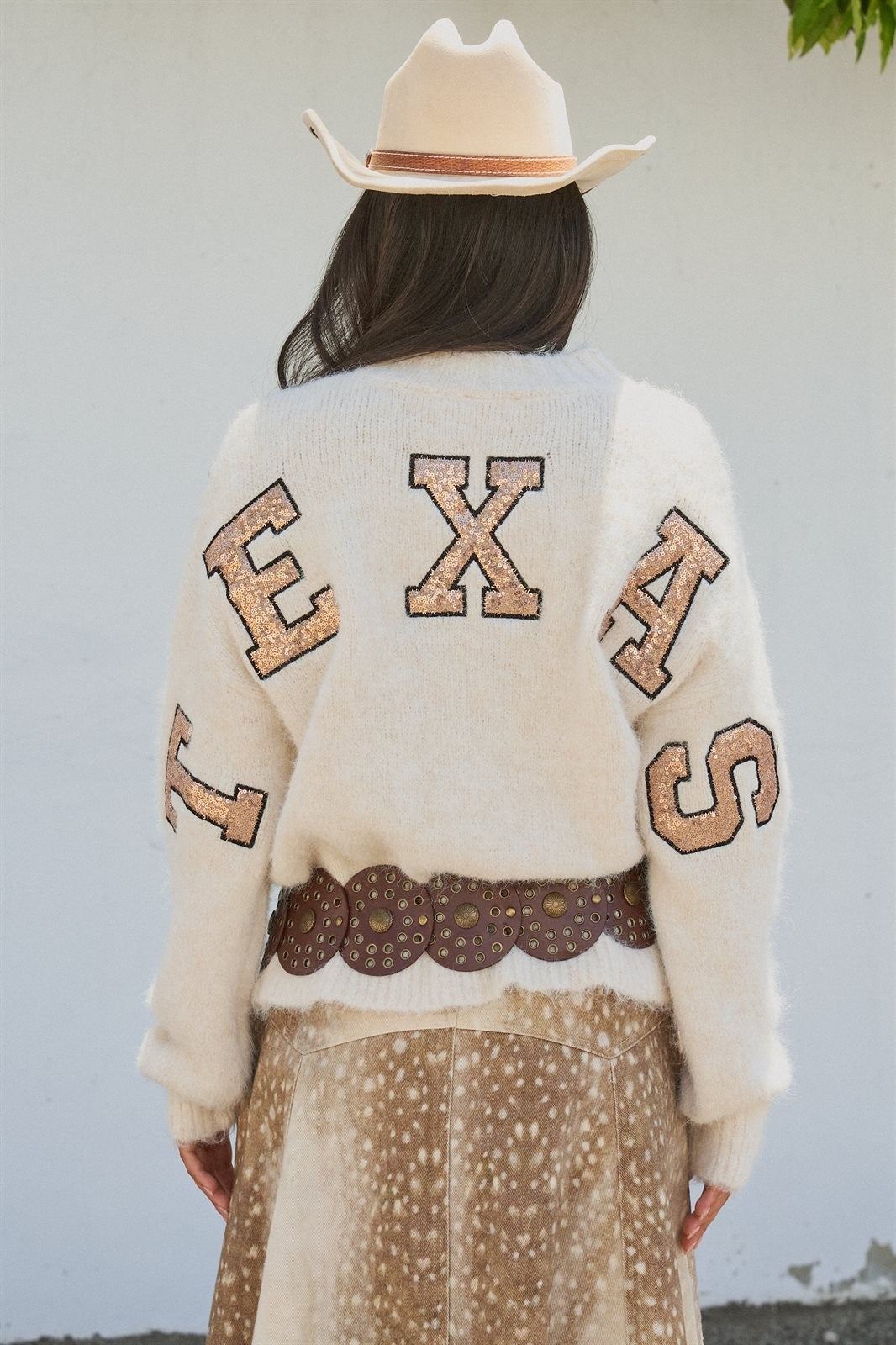 Texas Sequin Letter Fuzzy Wool Blend Pullover Sweater in Ivory - Women's Wholesale Sweaters | Trend Notes