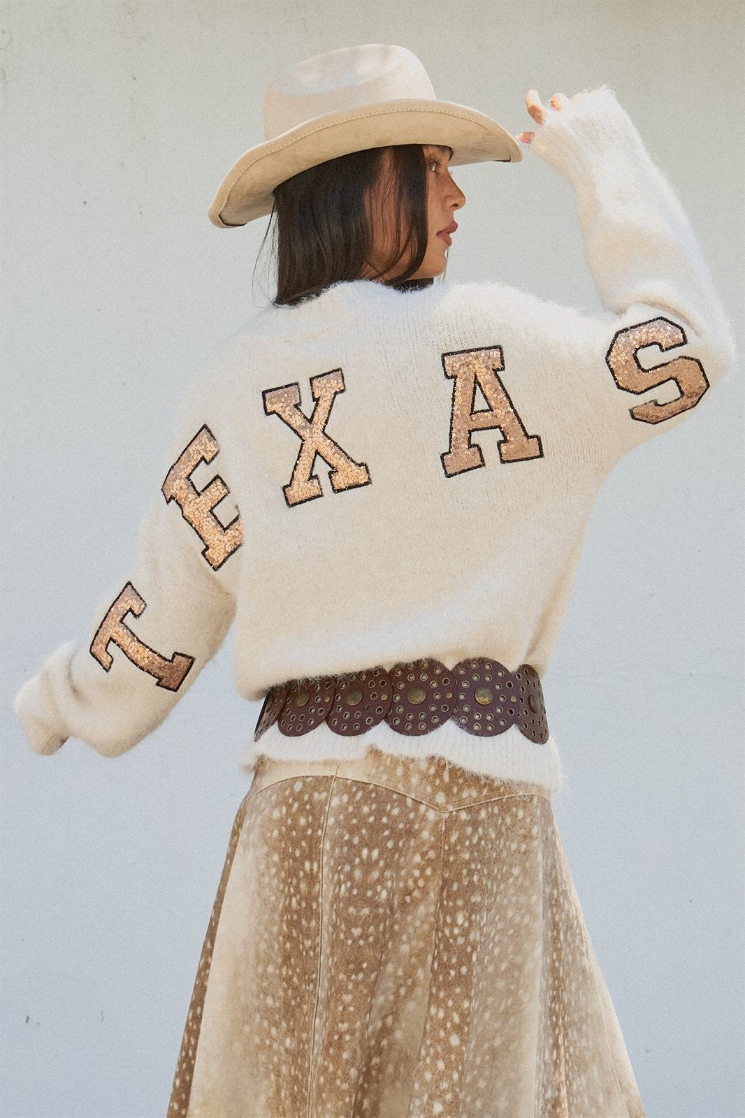 Texas Sequin Letter Fuzzy Wool Blend Pullover Sweater in Ivory - Women's Wholesale Sweaters | Trend Notes