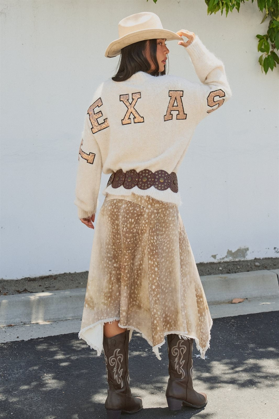 Texas Sequin Letter Fuzzy Wool Blend Pullover Sweater in Ivory - Women's Wholesale Sweaters | Trend Notes