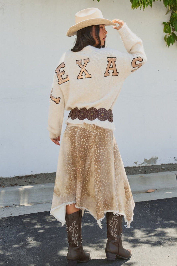 Texas Sequin Letter Fuzzy Wool Blend Pullover Sweater in Ivory - Women's Wholesale Sweaters | Trend Notes
