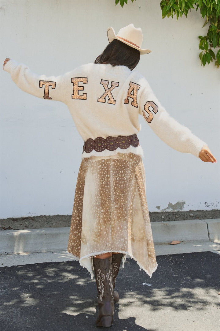 Texas Sequin Letter Fuzzy Wool Blend Pullover Sweater in Ivory - Women's Wholesale Sweaters | Trend Notes