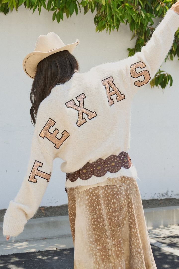 Texas Sequin Letter Fuzzy Wool Blend Pullover Sweater in Ivory - Women's Wholesale Sweaters | Trend Notes