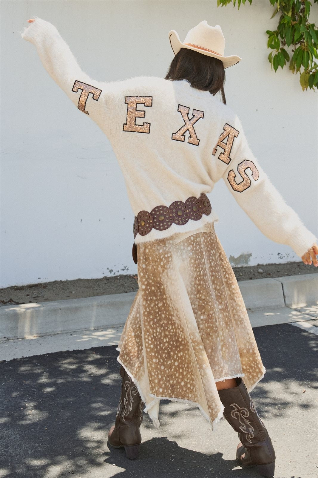 Texas Sequin Letter Fuzzy Wool Blend Pullover Sweater in Ivory - Women's Wholesale Sweaters | Trend Notes