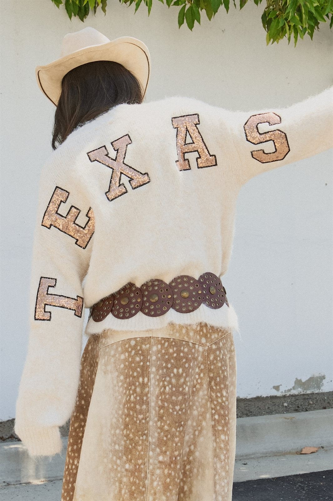 Texas Sequin Letter Fuzzy Wool Blend Pullover Sweater in Ivory - Women's Wholesale Sweaters | Trend Notes