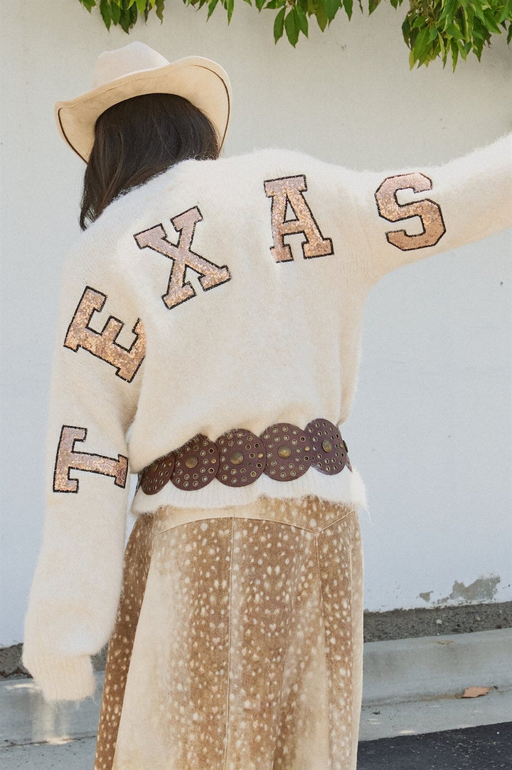Texas Sequin Letter Fuzzy Wool Blend Pullover Sweater in Ivory - Women's Wholesale Sweaters | Trend Notes