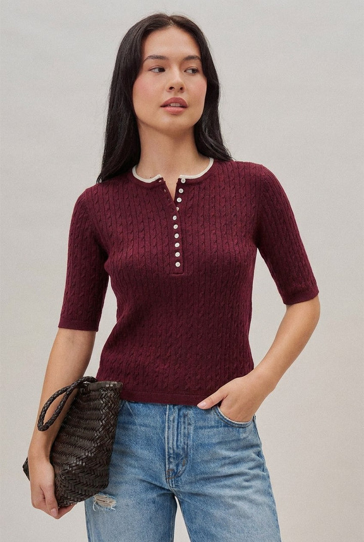 Wool Blend Cable Knit Henley with Contrast Neckline in Burgundy - Women's Wholesale Sweaters | Trend Notes