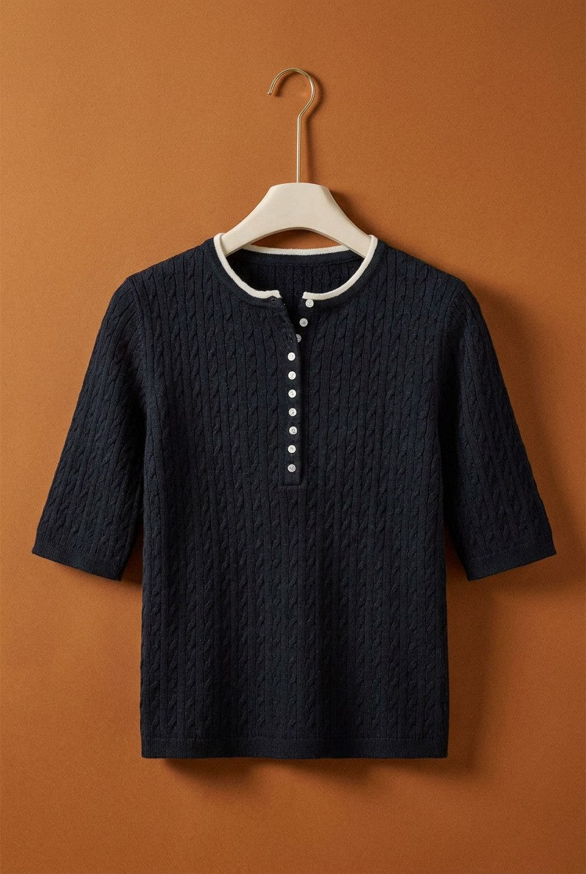 Wool Blend Cable Knit Henley with Contrast Neckline in Navy - Women's Wholesale Sweaters | Trend Notes