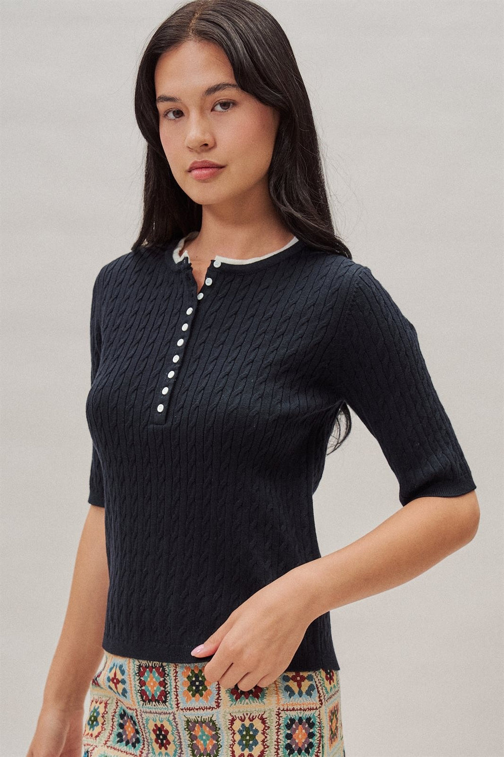 Wool Blend Cable Knit Henley with Contrast Neckline in Navy - Women's Wholesale Sweaters | Trend Notes