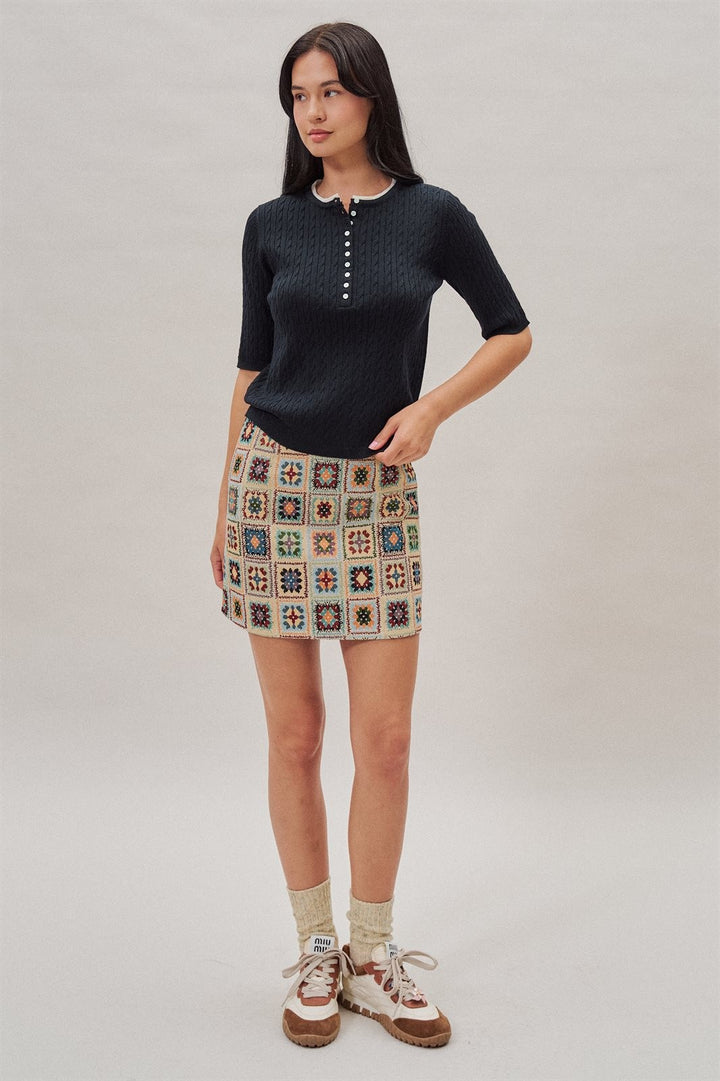 Wool Blend Cable Knit Henley with Contrast Neckline in Navy - Women's Wholesale Sweaters | Trend Notes