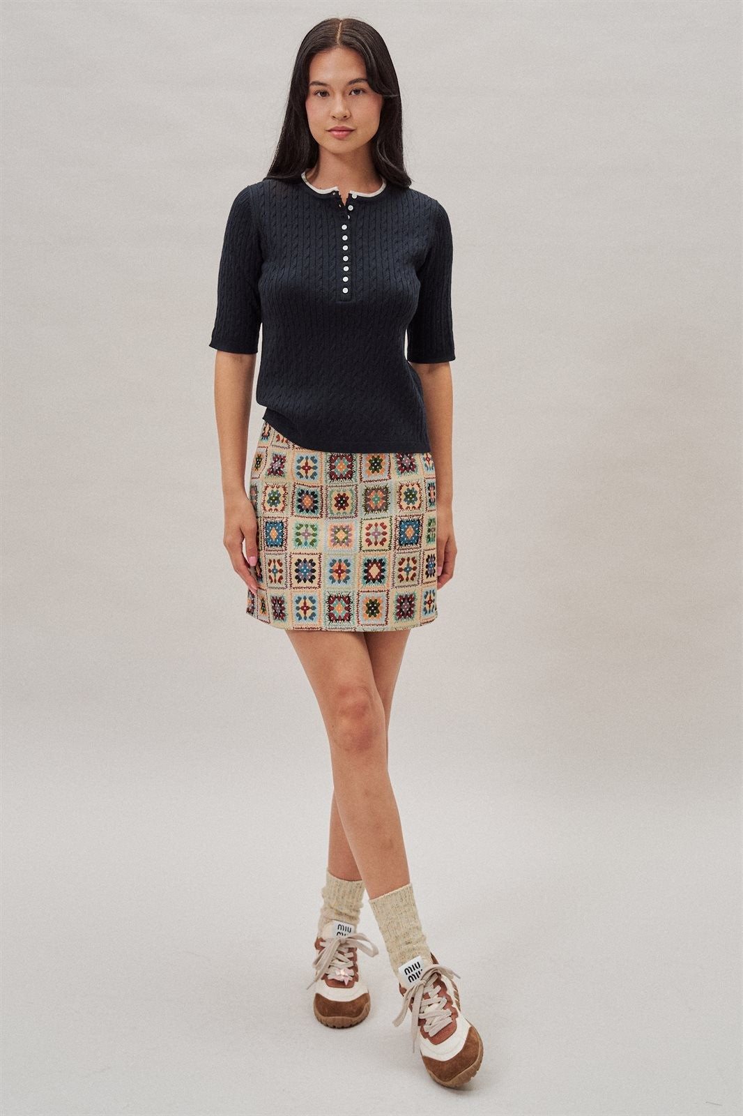 Wool Blend Cable Knit Henley with Contrast Neckline in Navy - Women's Wholesale Sweaters | Trend Notes