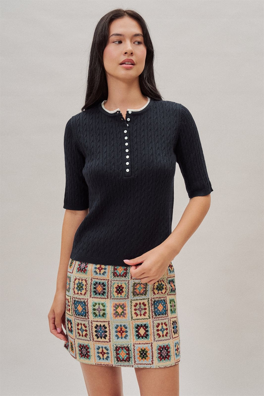 Wool Blend Cable Knit Henley with Contrast Neckline in Navy - Women's Wholesale Sweaters | Trend Notes
