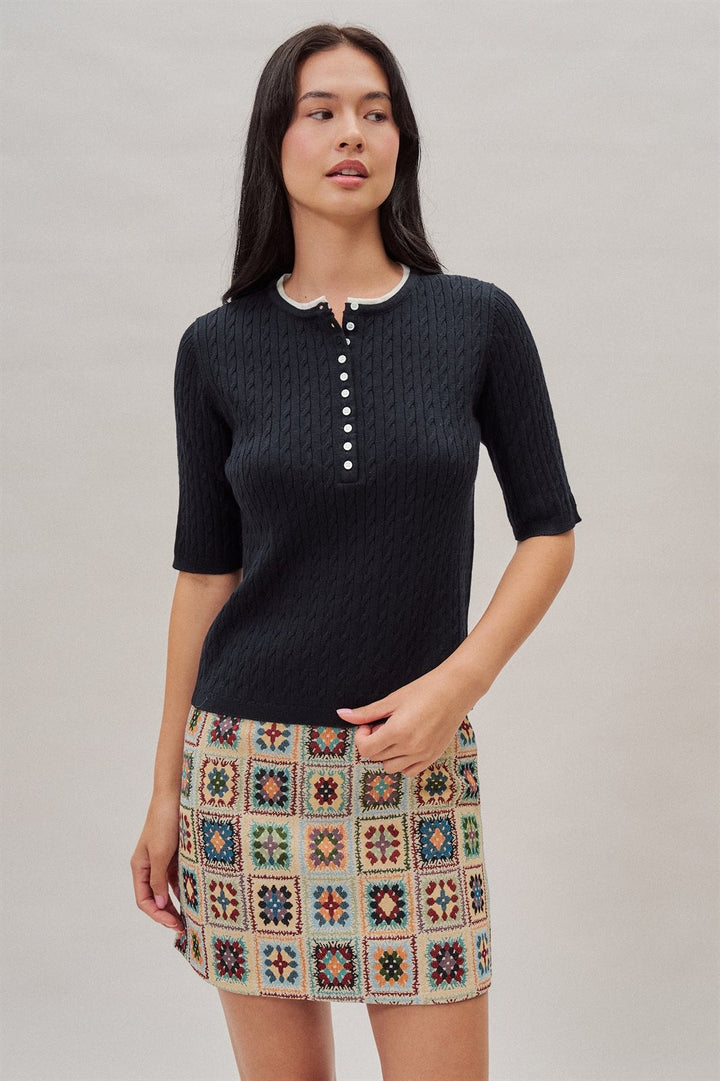 Wool Blend Cable Knit Henley with Contrast Neckline in Navy - Women's Wholesale Sweaters | Trend Notes