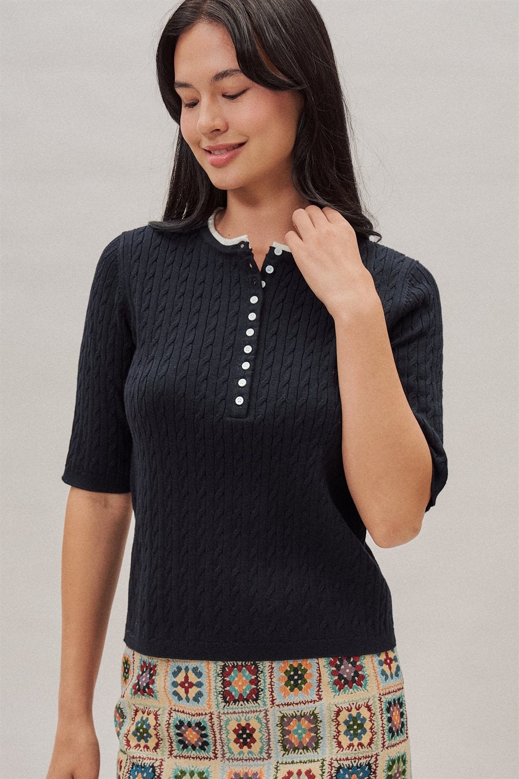 Wool Blend Cable Knit Henley with Contrast Neckline in Navy - Women's Wholesale Sweaters | Trend Notes