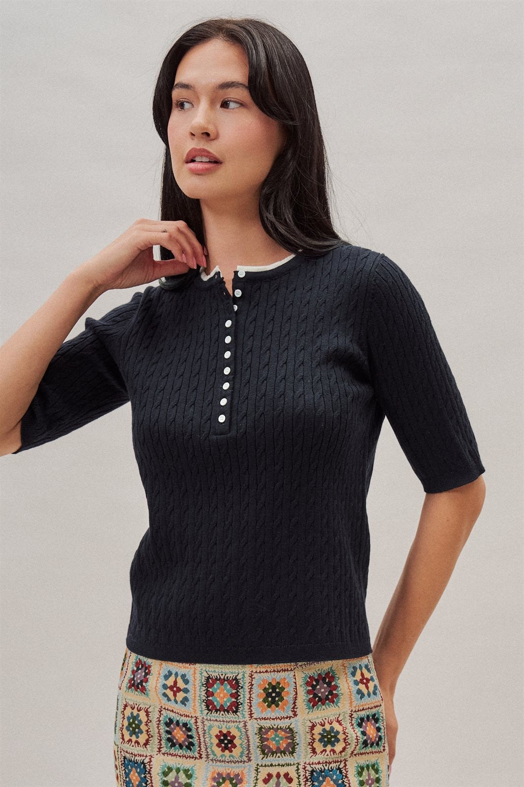 Wool Blend Cable Knit Henley with Contrast Neckline in Navy - Women's Wholesale Sweaters | Trend Notes