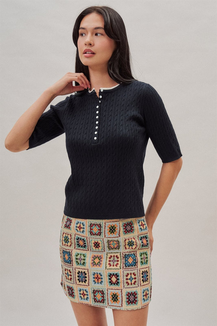 Wool Blend Cable Knit Henley with Contrast Neckline in Navy - Women's Wholesale Sweaters | Trend Notes