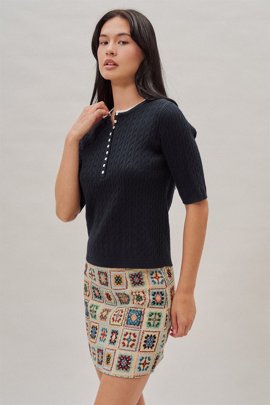 Wool Blend Cable Knit Henley with Contrast Neckline in Navy - Women's Wholesale Sweaters | Trend Notes