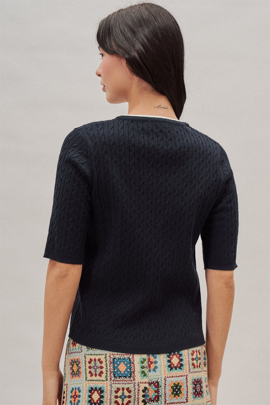 Wool Blend Cable Knit Henley with Contrast Neckline in Navy - Women's Wholesale Sweaters | Trend Notes