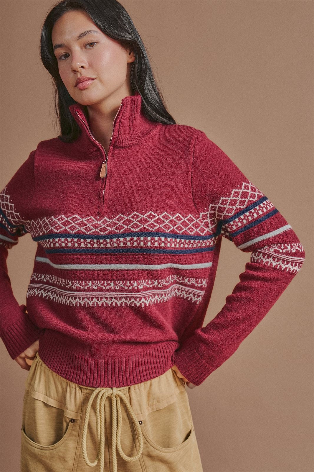 Fair Isle Quarter Zip Sweater Wool Blend with Leather Pull T in Burgundy - Women's Wholesale Cardigans & Shrugs | Trend Notes